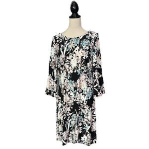 Tommy Hilfiger Pink & Black Floral Soft Dress Flare Slvs Silver Zipper Sz M